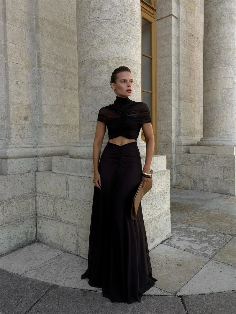 Mozision Aushöhlen Kurzarm Sexy Maxi Kleid Frauen Mode O Neck Geraffte Hohe Taille Bodycon Club Party Lange Kleid Weibliche – Detail 11