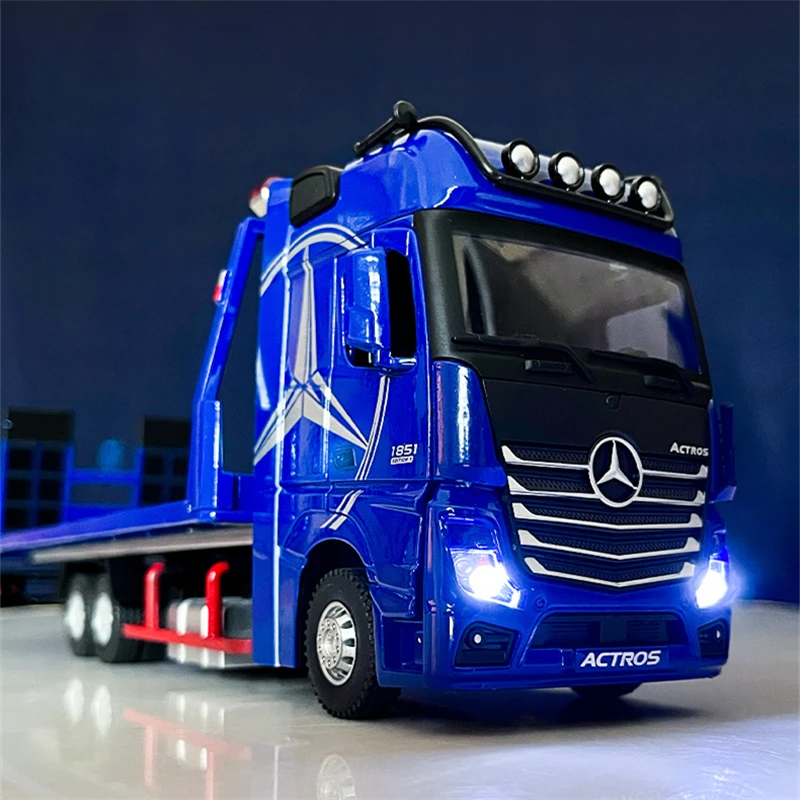 Large Size Alloy Deck Flatbed Trailer Model Metal Heavy Semi Trailer Transport Vehicle Truck Car Model Sound Light Kids Toy Gift