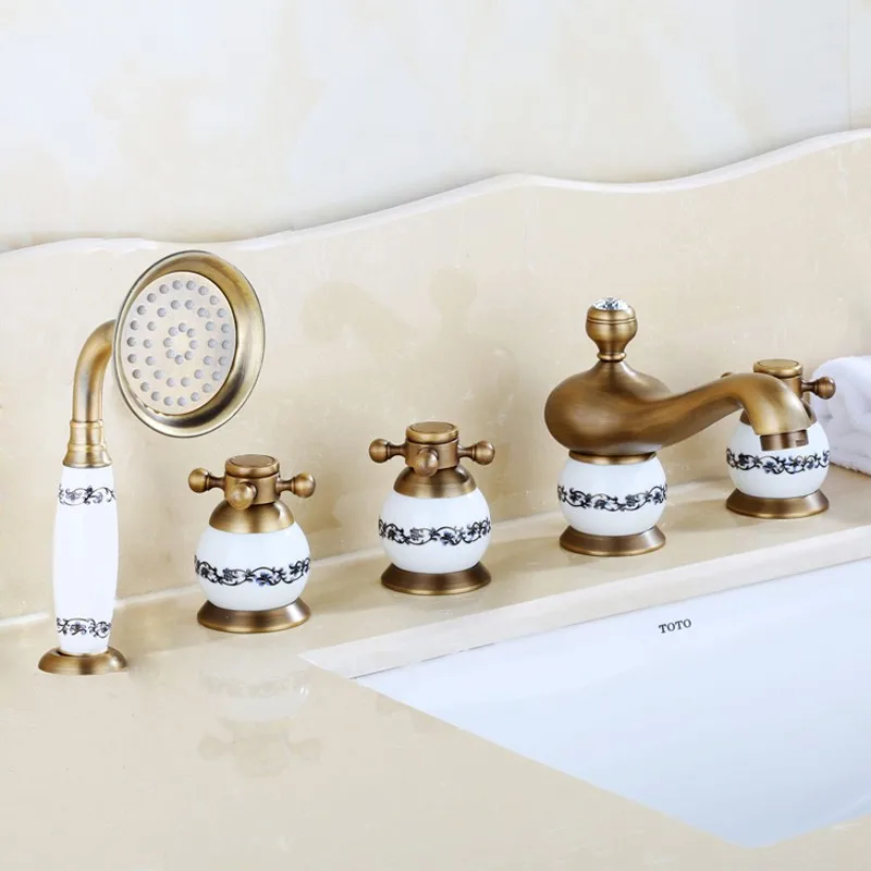 Vidric Antique brass golden 5piece Bathtub fauce bathroom faucet  for hot and cold Sink faucet Double handle 5 hole 5pcs/set