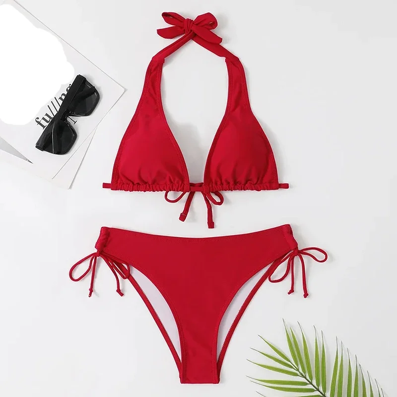 2024 Swimwear Women Sexy Halter Solid Bikini Set Drawstring Lace Up Swimsuit Bow Tie Biquinis Two-piece Bathing Suit Summer