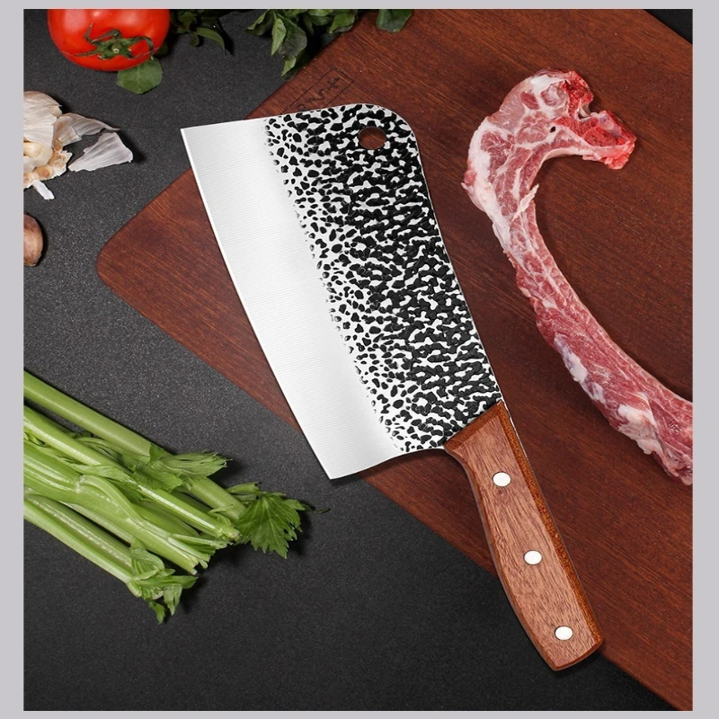 Solid Wood Handle Forged Hammer Pattern Kitchen Knife Sharp Slicing Knife Kitchen Cleaver Bone Cutting Knife Chef Knife