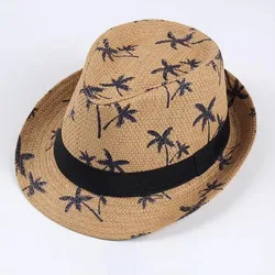 Sunshade Straw Hat Couple Breathable Mesh Beach Sun Hat Coconut Tree Pattern Men's and Women's Sunscreen Korean Jazz Gift Hat