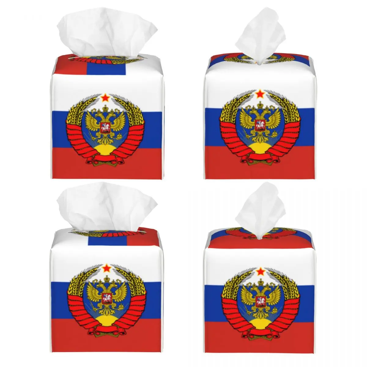 Custom Flag Of Russia With Soviet Eagle Tissue Box Cover PU Leather Square Coat of Arms Facial Tissues Holder for Home