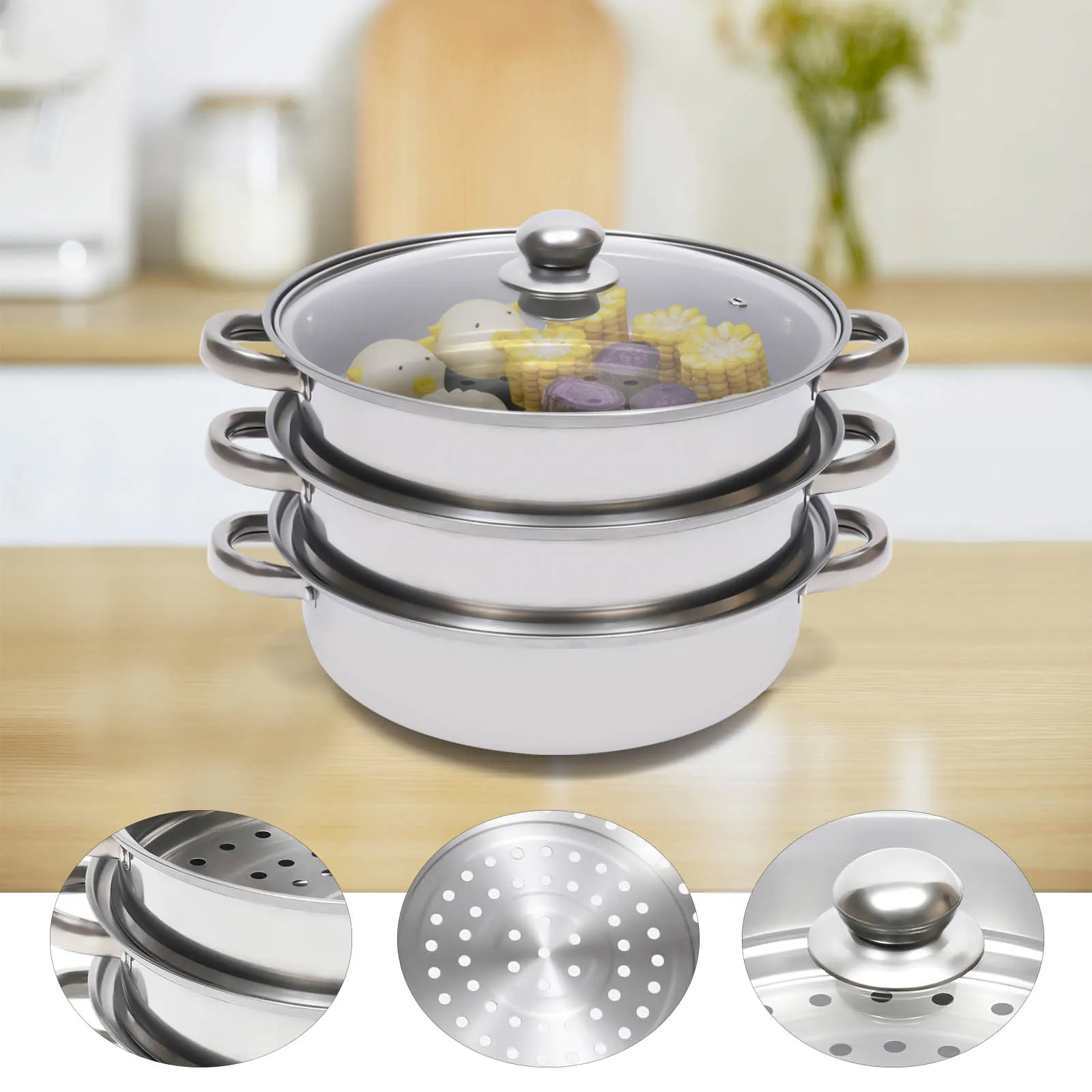 

28cm 3-Tier Stainless Steel Steamer Steaming Pot Cookware Overlapping Steaming Cooker with Glass Lid