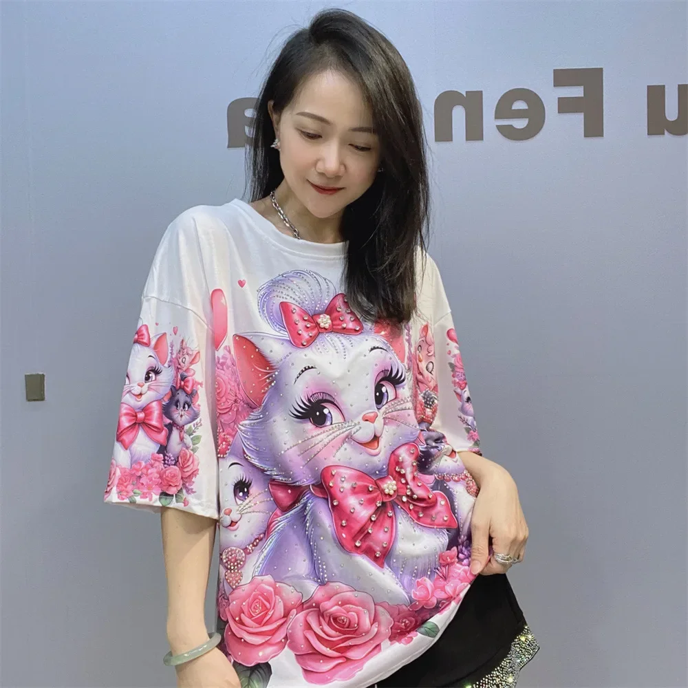 Camiseta de manga corta con cuello redondo para mujer, Tops de verano con estampado de gato, camiseta informal de moda con cuentas de media manga, camiseta de gran tamaño, ropa Kawaii