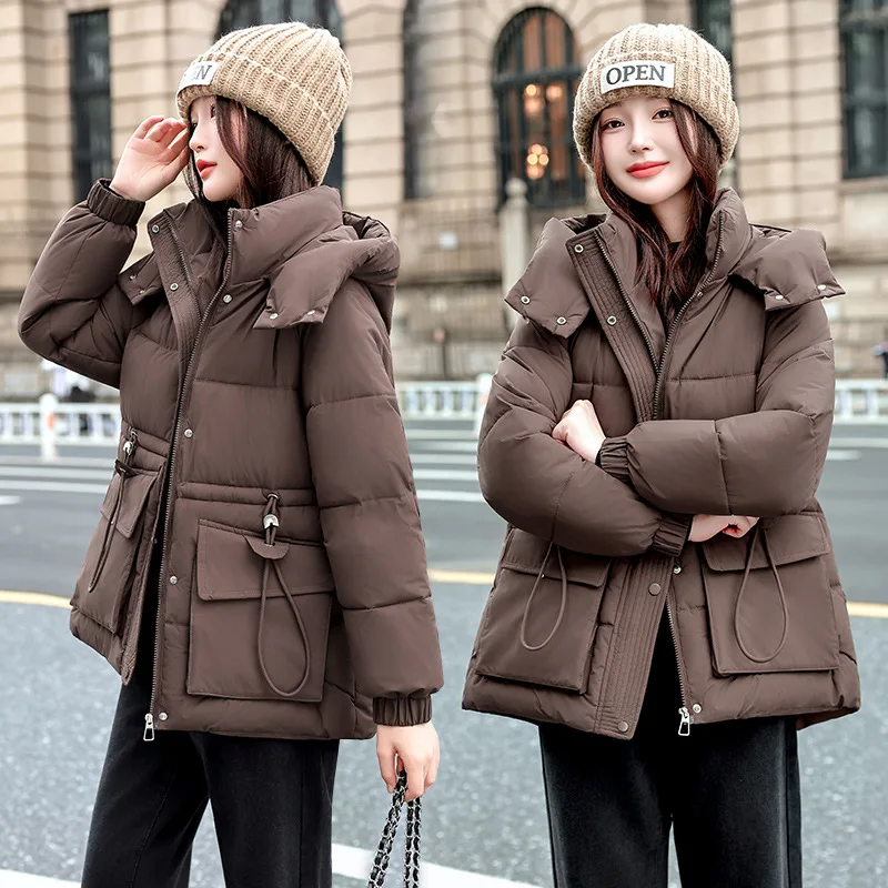 Hooded Women Parkas Coats Solid Overcoats Drawstring Waist Zipper Long Sleeves Straight Fit Thick Casual 2025 Autumn Winter