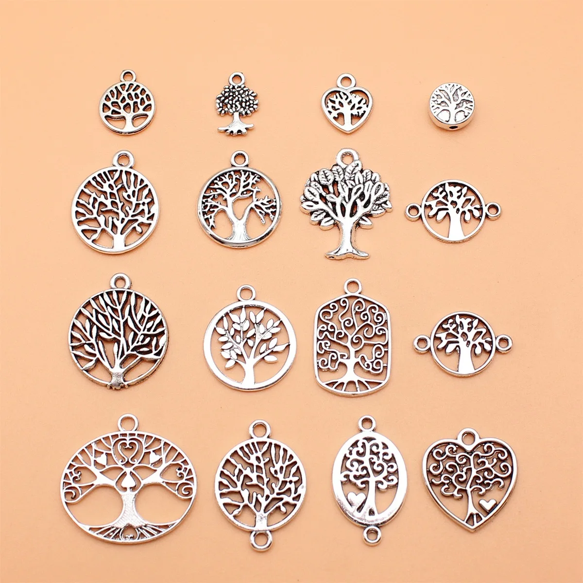 16pcs Antique Silver Color Tree Of Life Charms Collection For DIY Jewelry Making, 16 Styles, 1 of Each