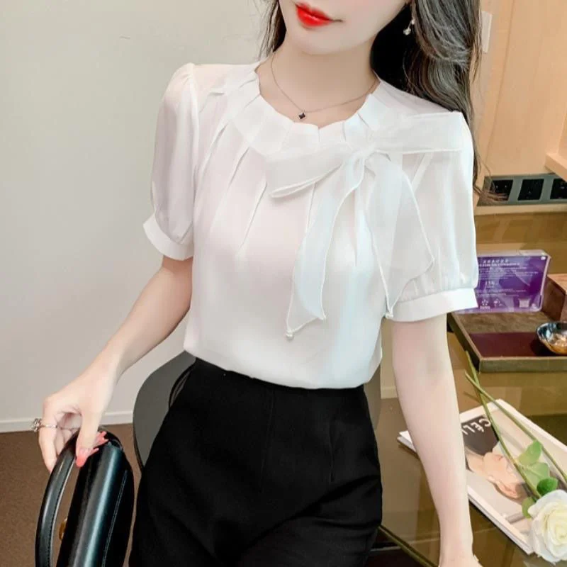 3XL Women Spring Summer Blouses Shirts Lady Fashion Casual Short Sleeve Bow Collar Clothing Solid Color Blusas Tops TT0797