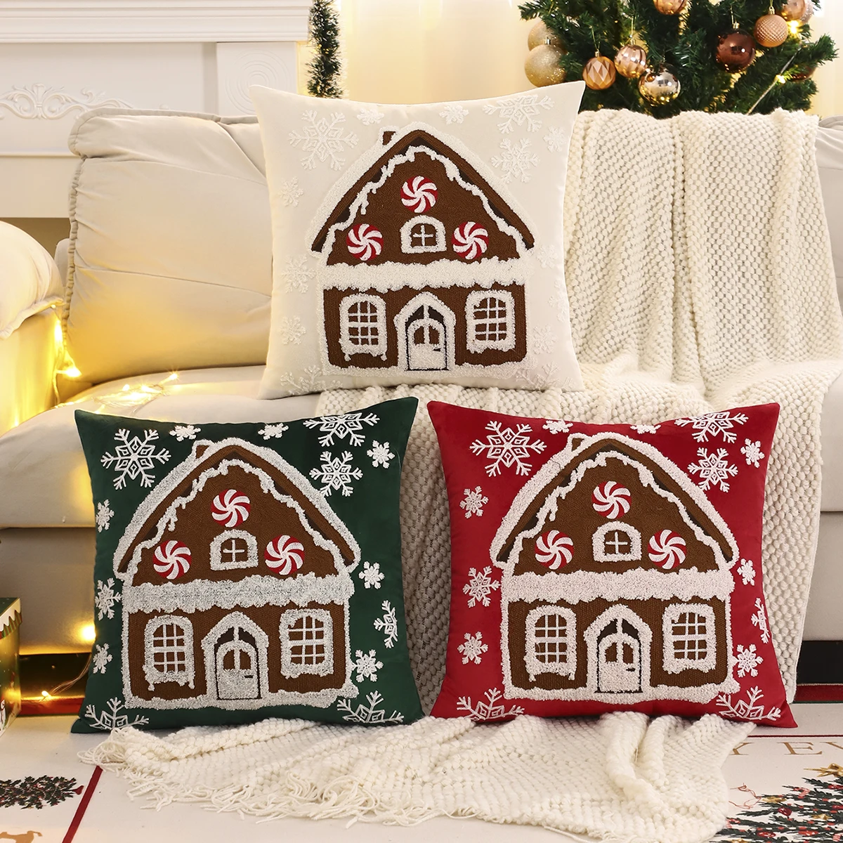 1 PC Christmas House Throw Pillow Cover Velvet Embroidery Snowflake Christmas Decoration Living Room