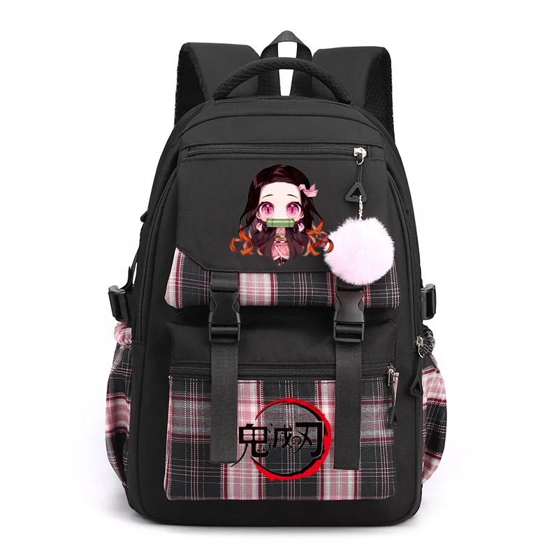 Demon Slayer Nezuko Backpacks Plaid Anime Women Girls Multi-pocket Laptop School Bags Ins Light Travel Mochilas