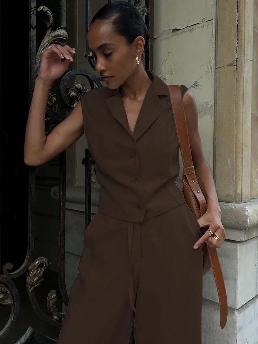 Oymimi Casual Brown Cotton 2 Piece Sets Women Outfit Elegant Sleeveless Button Tank Tops And Drawstring Full Length Pants Sets