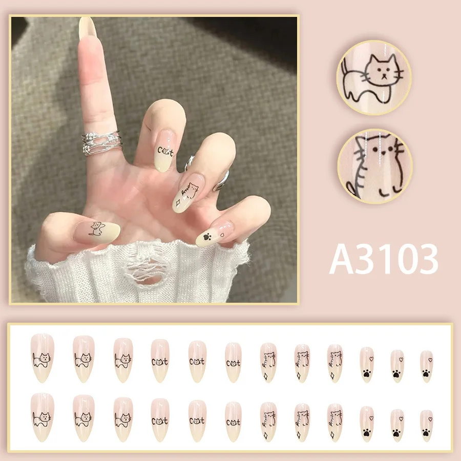 24개 네일 팁 귀여운 고양이 프레스온 아크릴 네일 중간 길이 스티커형 네일 여성용 인조 손톱 도구 포함 네일 세트