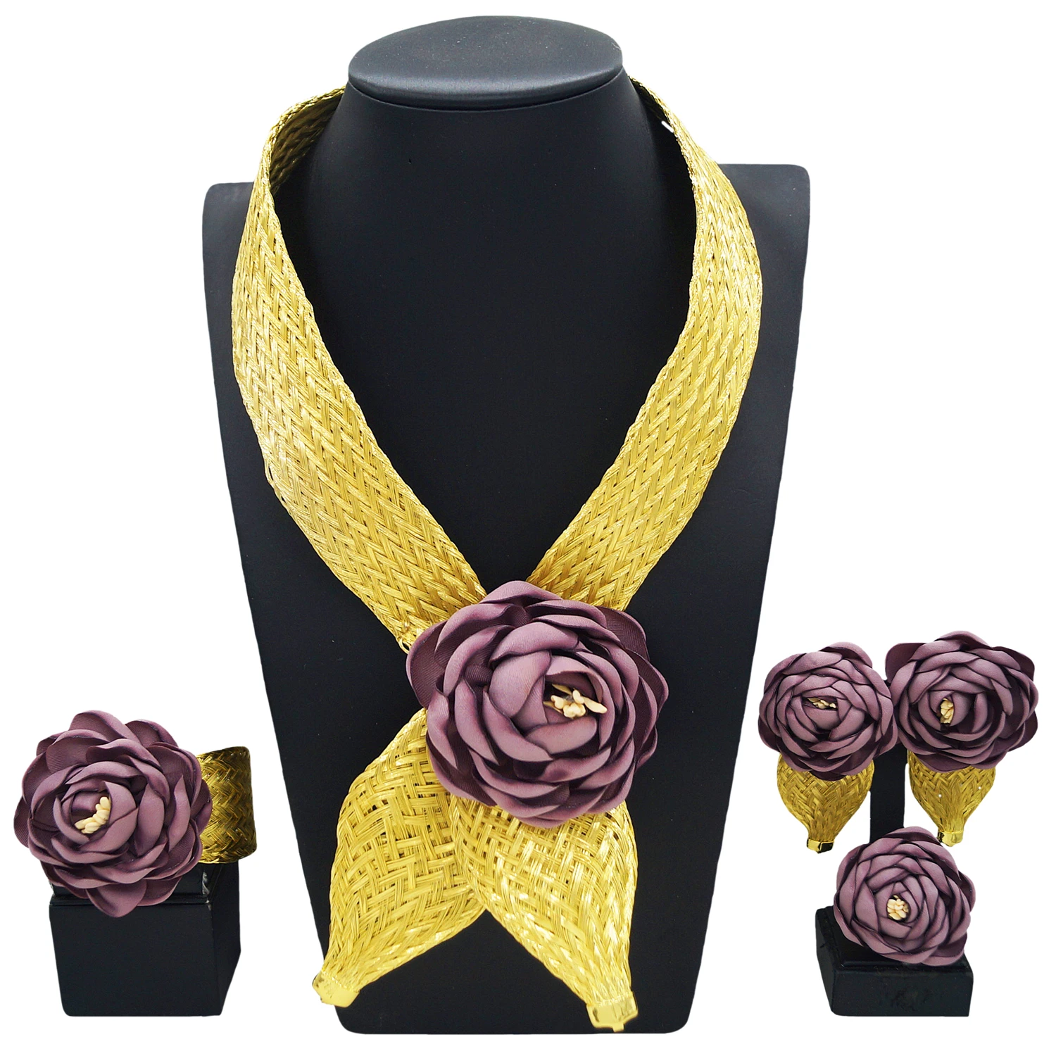 New In Dubai Gold Plated Women's Jewelry Set Flower Necklace Bracelet Ring Set Gold Plated 24K Luxury Necklace Earrings Jewelry