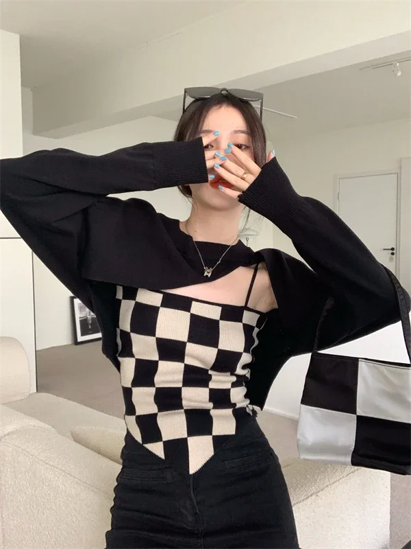 

Gothic Irregular T-shirt Women Knitted Black Pullover +checkerboard Camis Tank Tops Y2k Two Piece Tops Korean Style