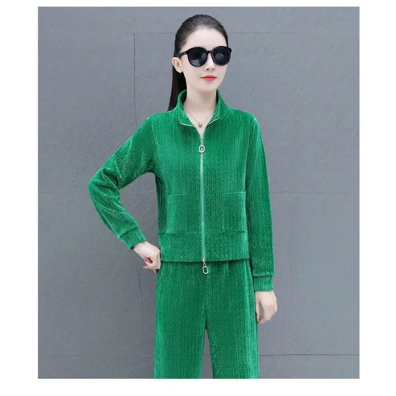 Cardigan Wide-leg Pants Wavy Velvet Sports Casual Suit Women's New Comfortable and Fashionable Age-reducing