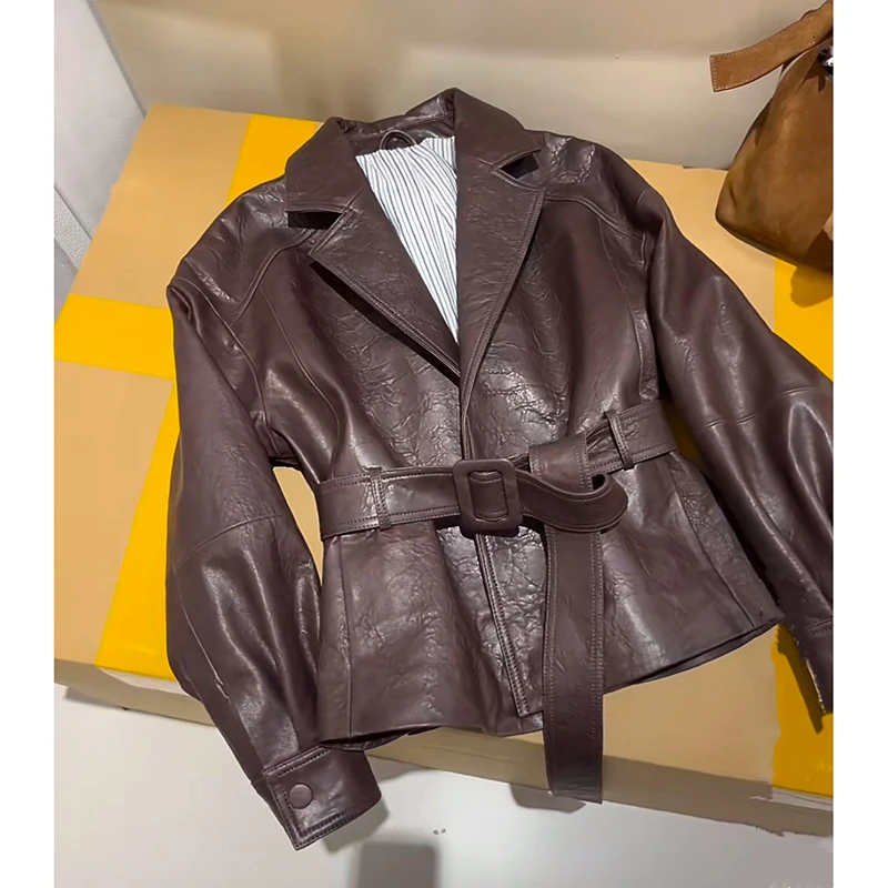 新しい本物のシープスキンジャケット秋冬女性輸入羊バブルレザーコーヒーラペルベルトウエスト閉鎖スリムショートコート