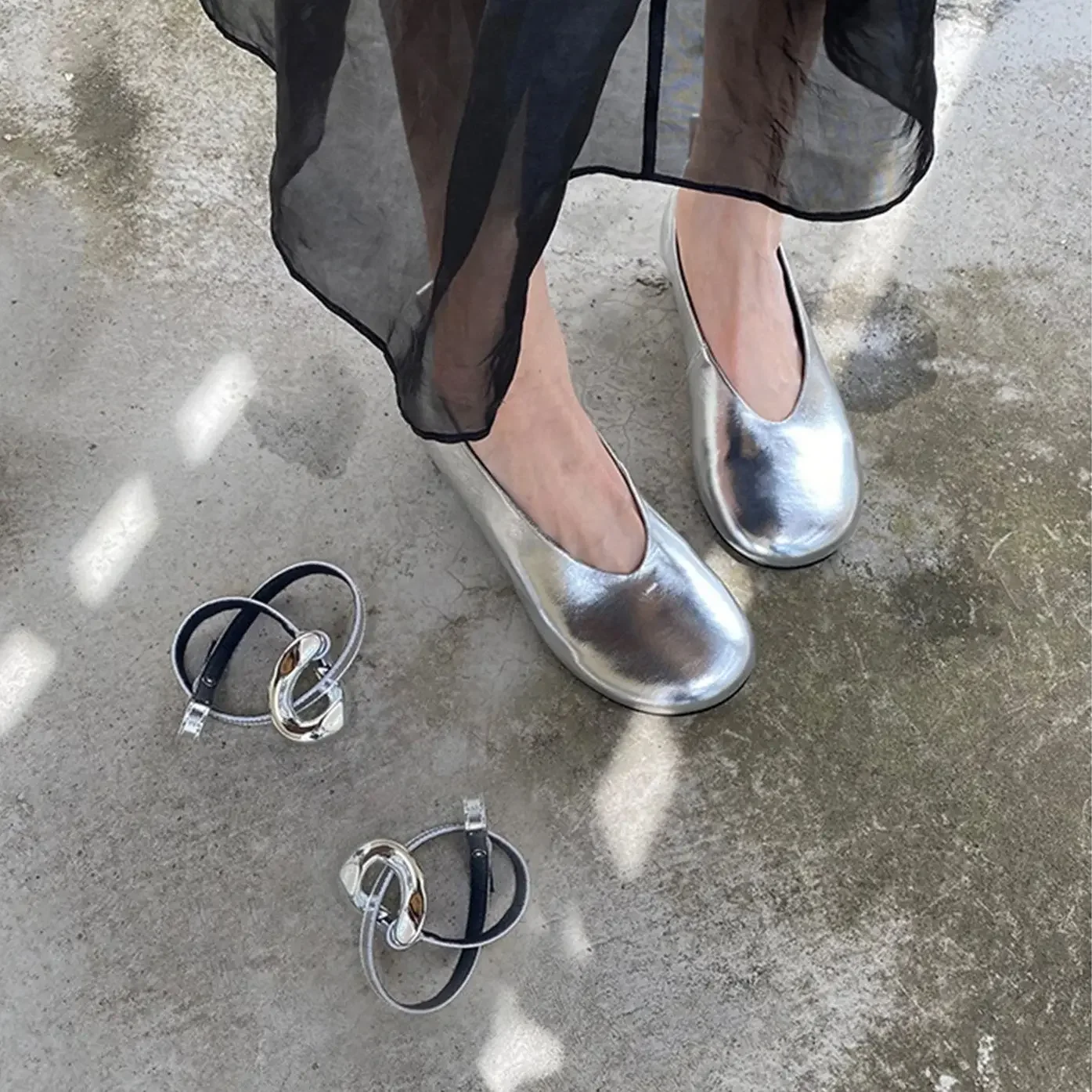 Femalean Mary Jane Flats Big Size Ankle Strap 2024 Sandals Dupe Luxury Silver Black Gold Round Toe Ballerinas Women's Shoes