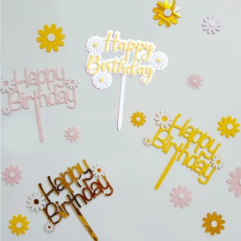 Happy Birthday Cake Topper Daisy Acrylic Cake Decoration for Kids Baby Shower Birthday Party Supplies DIY Baking Accessories