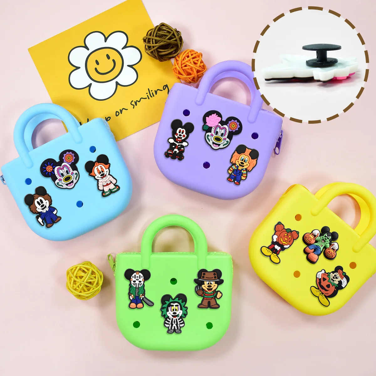 14pcs Halloween Cartoon Mouse Shoe Charms Spooky Pumpkin Ghost 2D PVC Detachable Clips for Crocs Clogs Sandals Party Decoration