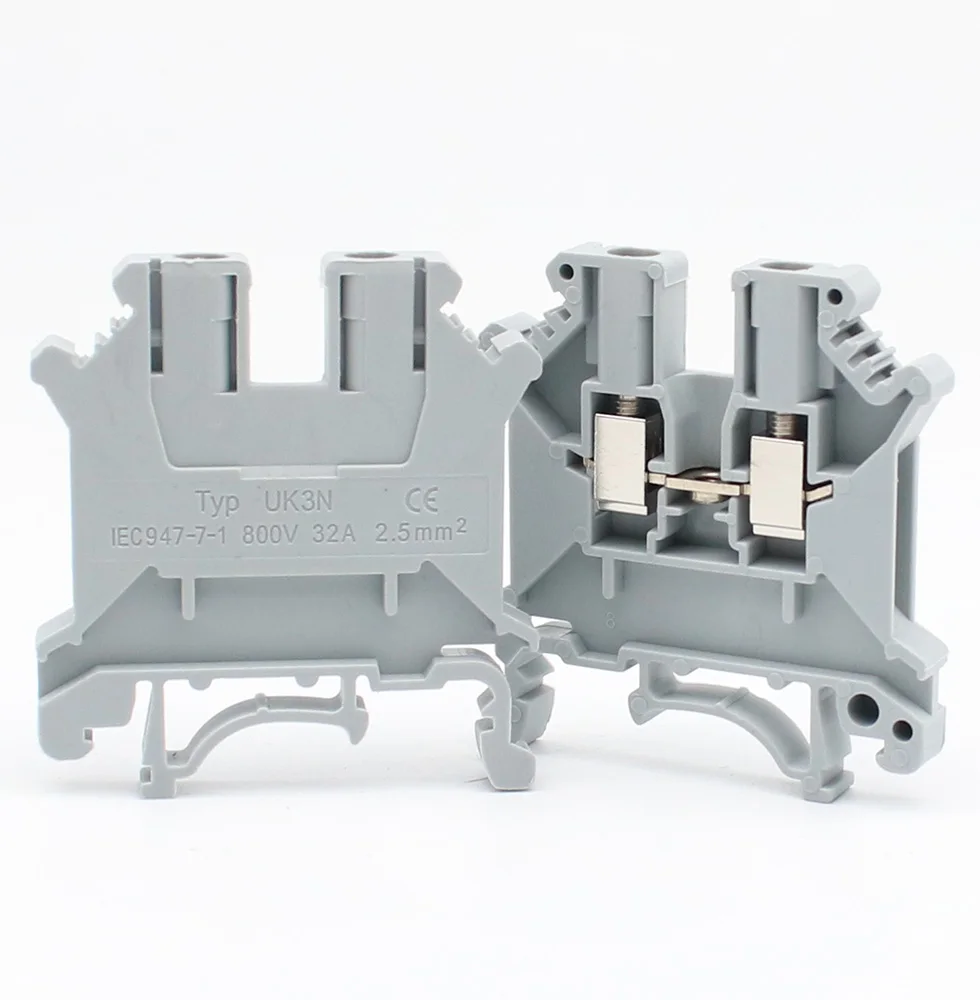 100pcs Din Rail Terminal Block Universal Conductor UK-3N Screw Connection Electrical Wiring Terminal Strip Block Connector UK3N