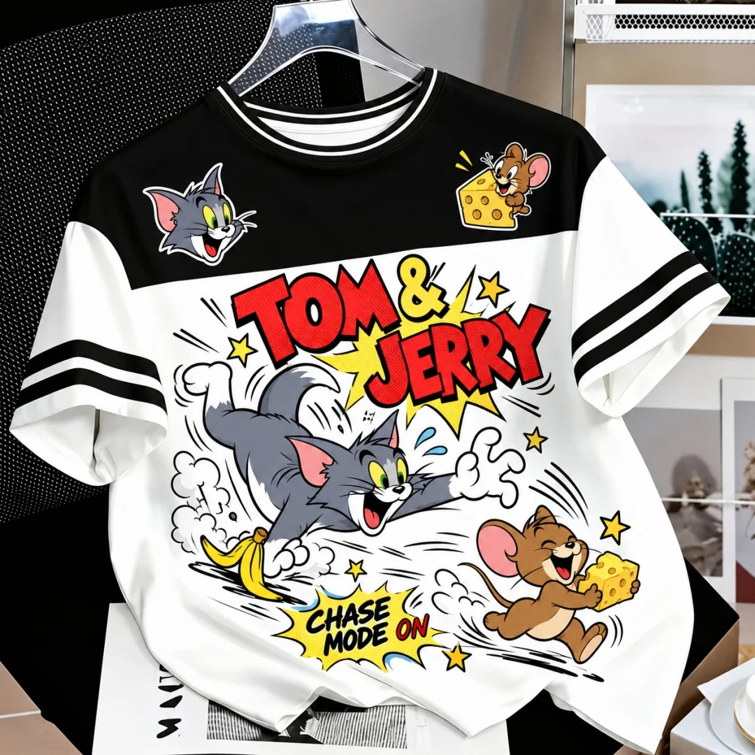 Tom & Jerry Grafik-T-Shirt für Herren und Damen, Vintage-Cartoon-Print, gestreifte Ärmel, Farbblock-Design, kurzärmelig, Alltags-T-Shirt, Kinder-T-Shirt ﻿ – Detail 6