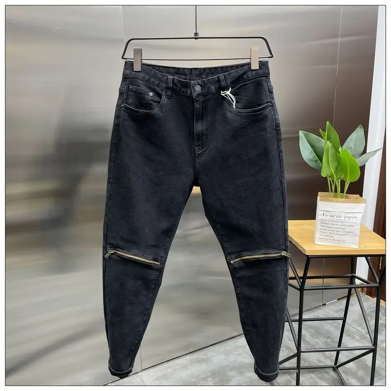 New Arrival Spring Autumn Casual Denim Slim Fit Jeans for Men with Knee Zipper Eye Designer and Vintage Black Jeans Men's Luxury