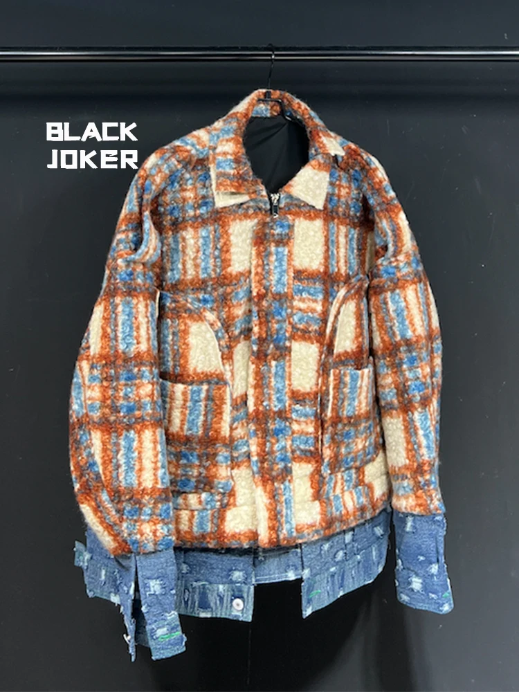 BLACK JOKER Original design Orange-yellow checkered terry coat Denim splicing jackets Unisex tops winter padded jackets