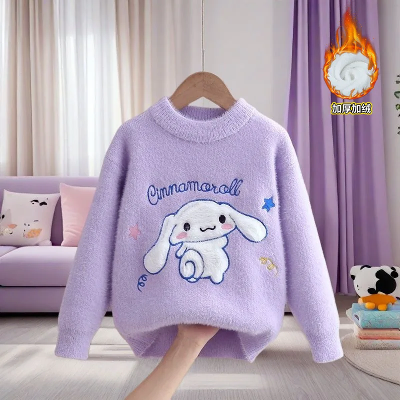 

Autumn Winter Cinnamoroll Mink Cashmere Sweater for Kids Crew Neck Knit Pullover Girl Plush Warm Round-Neck Base Layer Knitwear