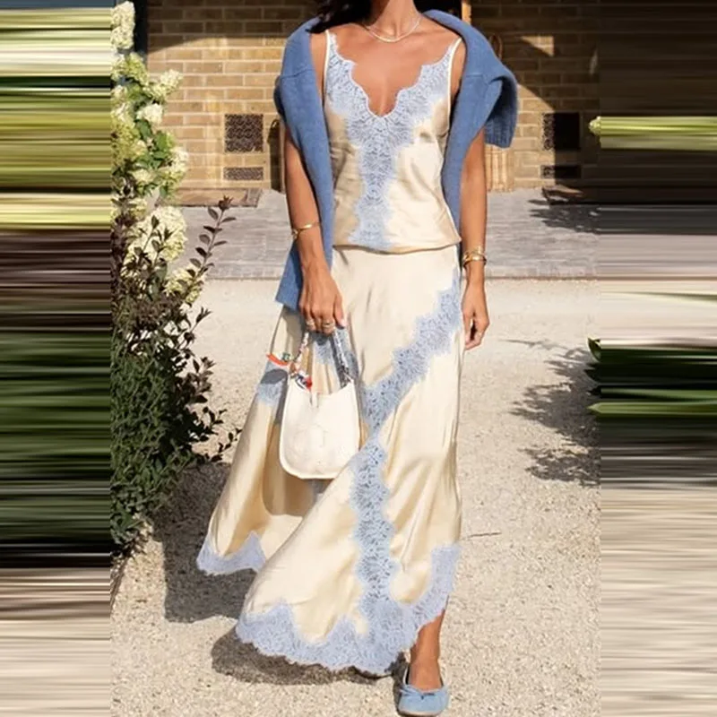 Set da due pezzi slim fit patchwork in pizzo Top da donna sexy con scollo a V e gonna lunga Abito estivo senza maniche scavato alla moda