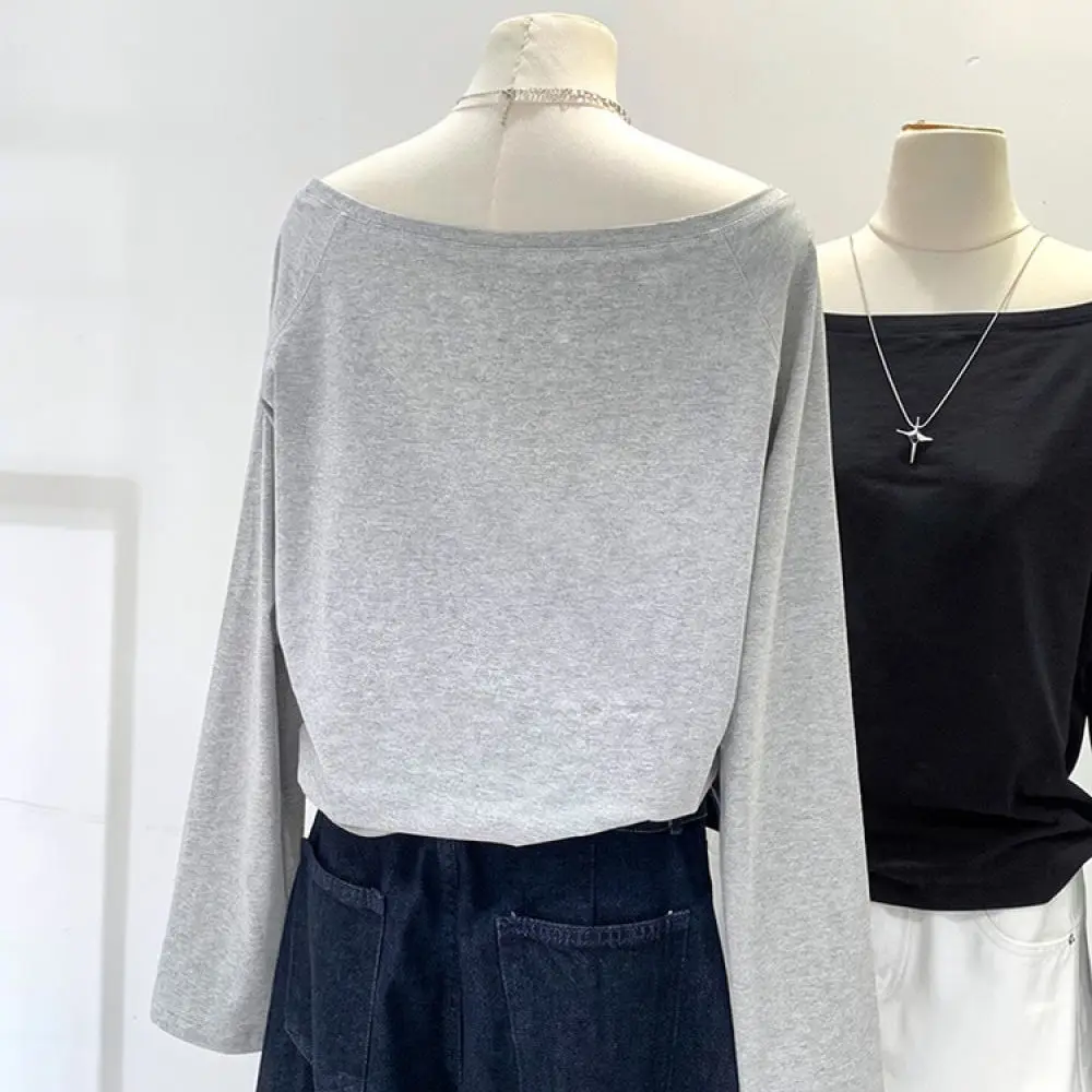 Casual Cotton Long Sleeve T Shirt Women Slash Neck Solid Color Blouse Loose Fitting Elegant Pullover Spring Winter Tops