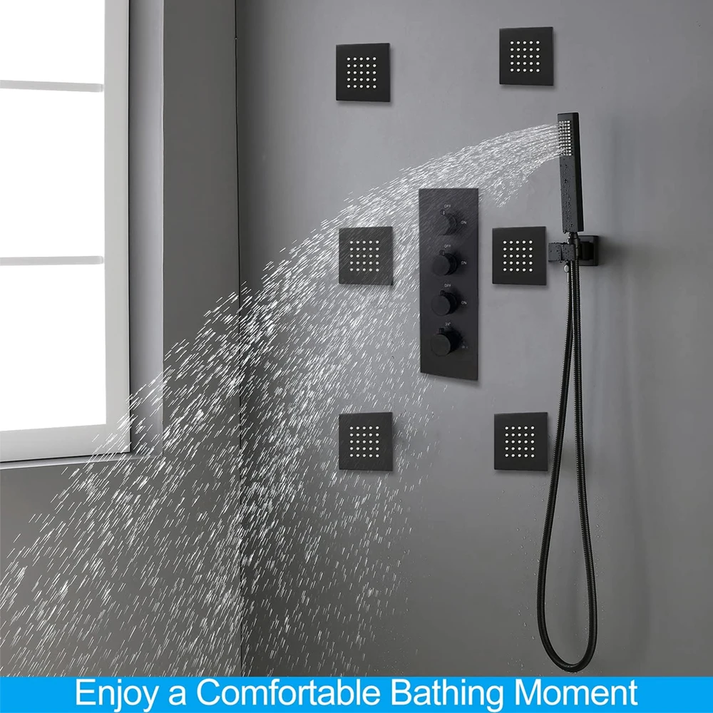 24 Inch LED Wall Mount Single Rain Shower Head Matte Black Brass Concealed Thermostatic Jet Massage Shower System Set for Hotel