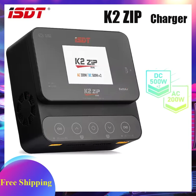 

ISDT K2 ZIP AC 200W / DC 500Wx2 Dual Channel Smart Charger with 2.8 Inch IPS LCD Screen for 1~8S LiFe Lilon LiPo 1~7S LiHv