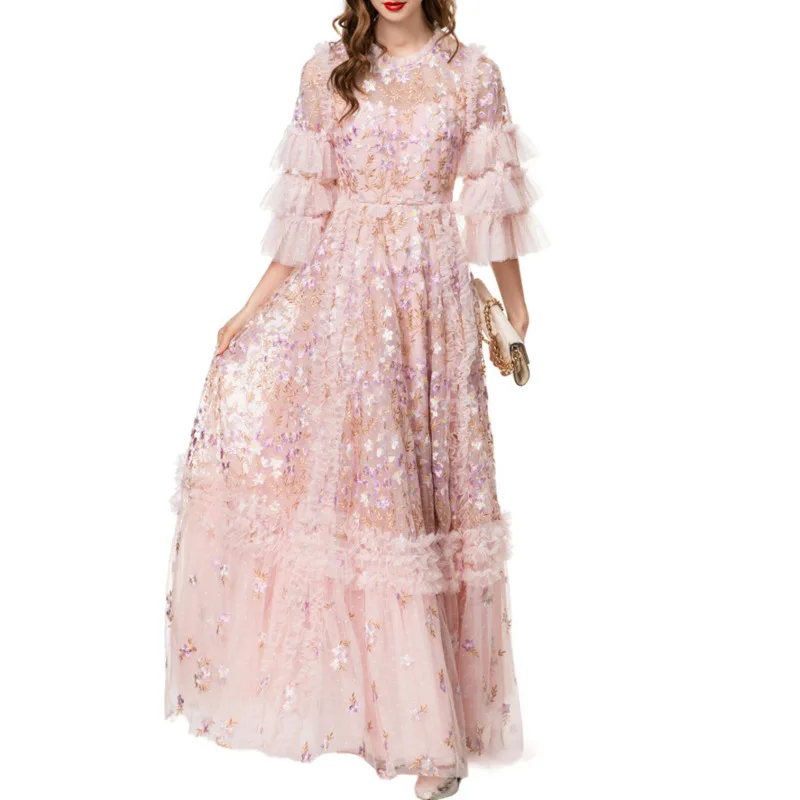 Qmqa moda feminina elegante vestido bordado rosa meados de manga em camadas plissado vestido grande balanço vestidos de noite 2025 novo qm705