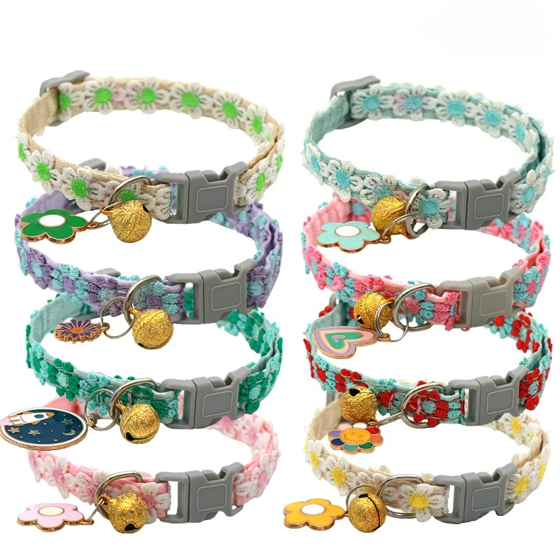 Modisches Regenbogen-Blumen-Katzenhalsband mit Glocke, Kätzchen- und Welpenhalskette, Verstellbare Schnalle, Buntes Spitzen-Kätzchenhalsband, Hundezubehör – Detail 1