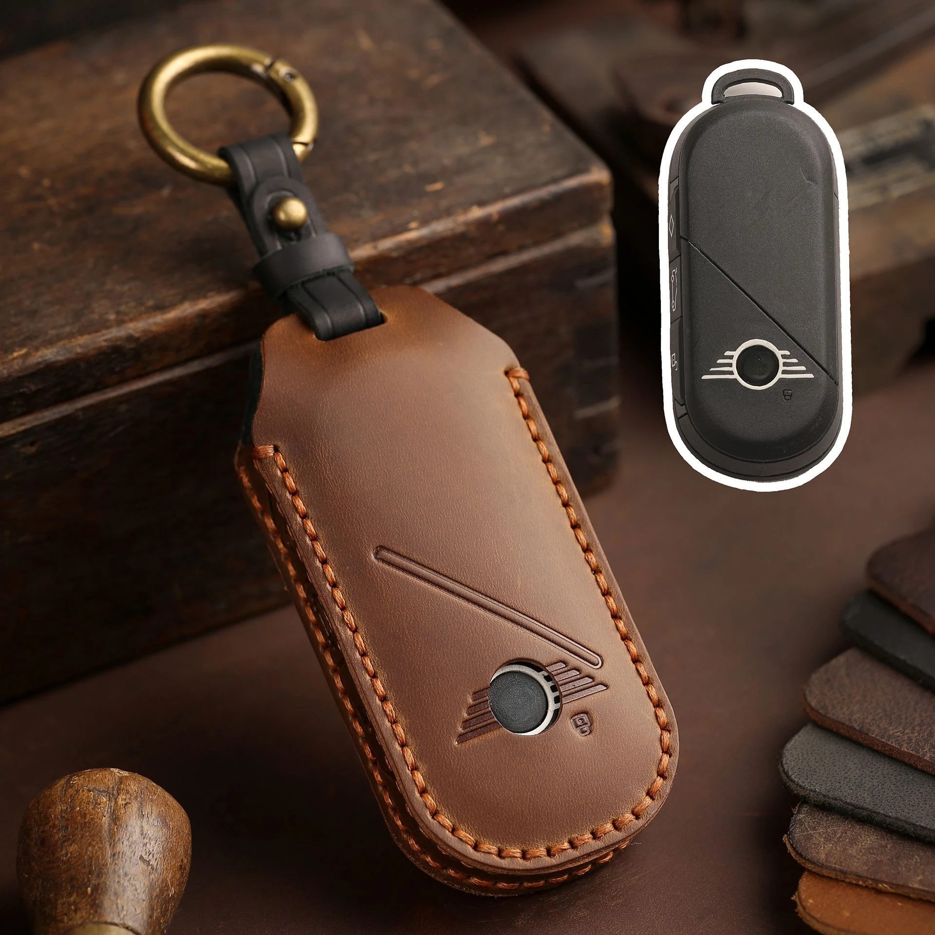 Leather Car Fob Key Case Cover Protector for Bmw Mini Countryman Cooper One 2023 2024 Remote Accessories Holder Shell Keychain