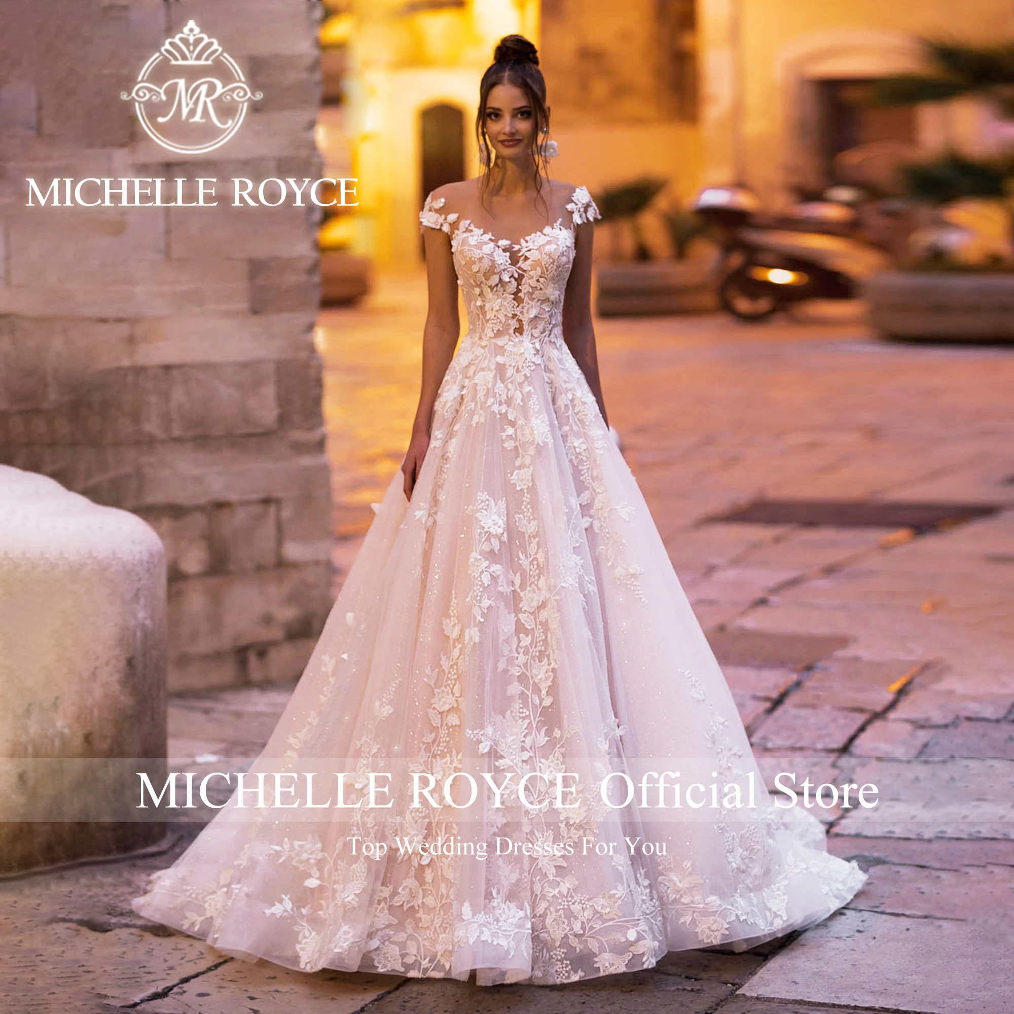 Michelle Royce ชุดแต่งงานทรงเอไลน์สำหรับผู้หญิงชุดผ้าปะติดแขนสั้นคอวีลึก2024ชุดแต่งงานเปิดหลัง vestidos de noiva