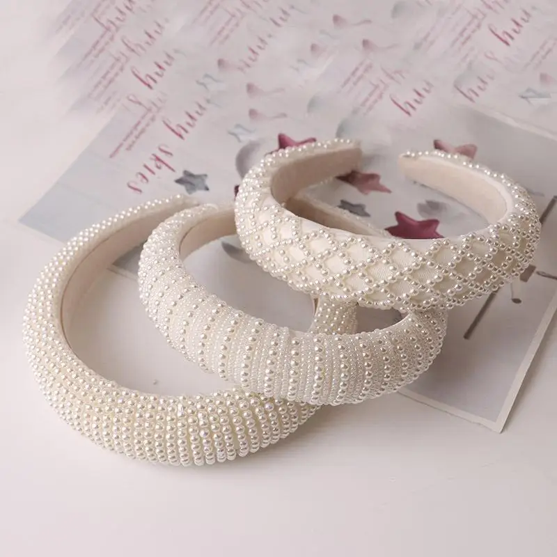 

Baroque Vintage Pearl Glass Beads Bow Headband Fashion Hairbands Full Rhinestone Sponge Hair Band Hair Accessories