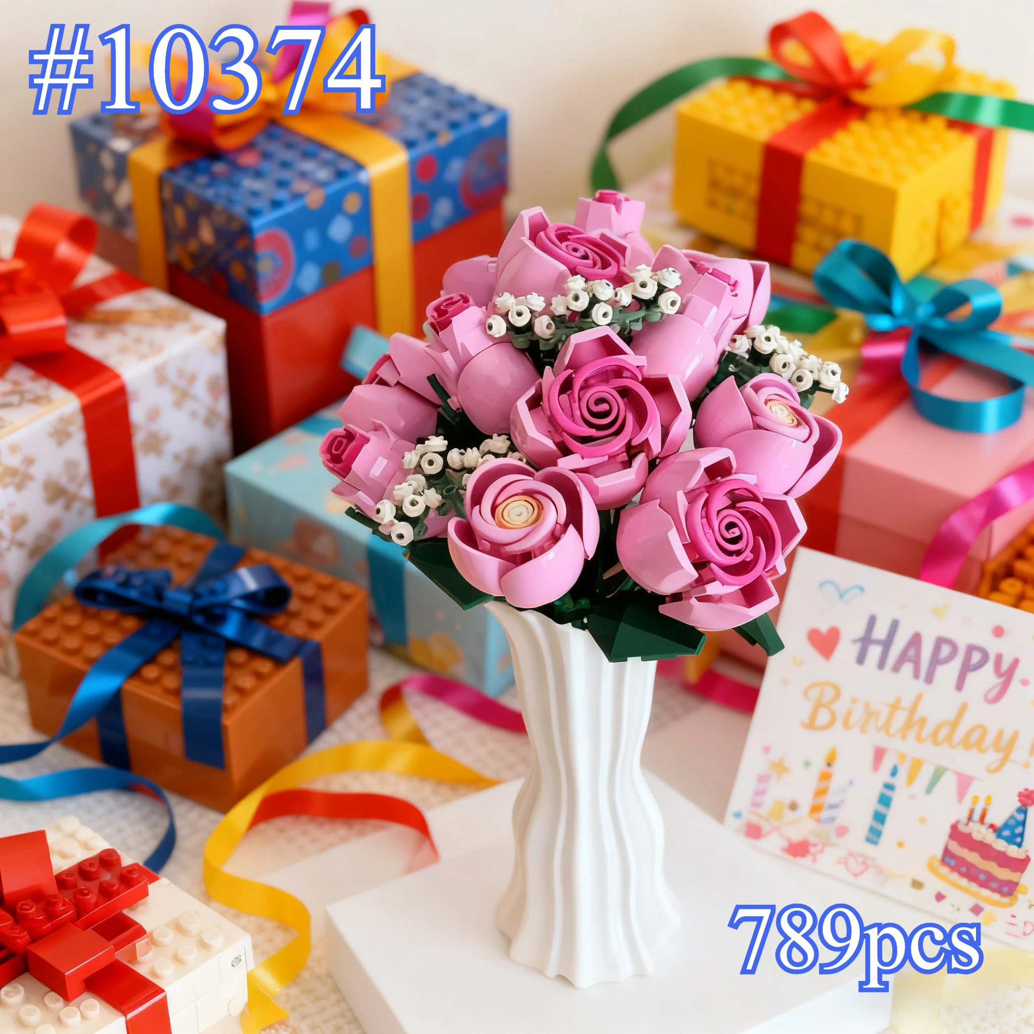 

MINISO Романтический букет роз 10374 Периферийные наращивания Подходит для рождественских подарков, совместимый с частицами Legoed, 789 шт.