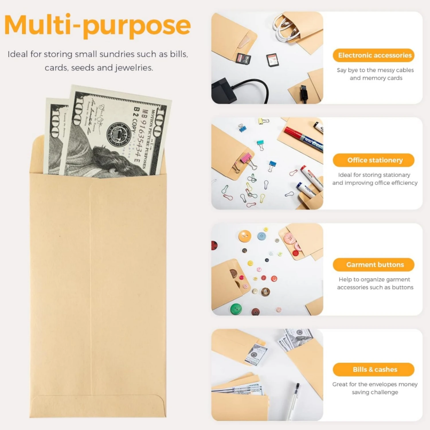 100Pcs Gummed Kraft Paper Envelopes 6.5x3.9in Cash Envelopes for Budgeting Money Saving Challenge Envelopes for Budget Binder