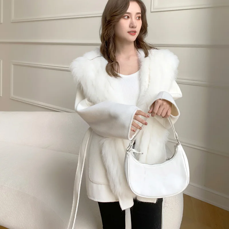 2024 Winter Wool Coats Women Fashion Fox Fur Jackets With Hood Detachable Lining Lady Outerwear