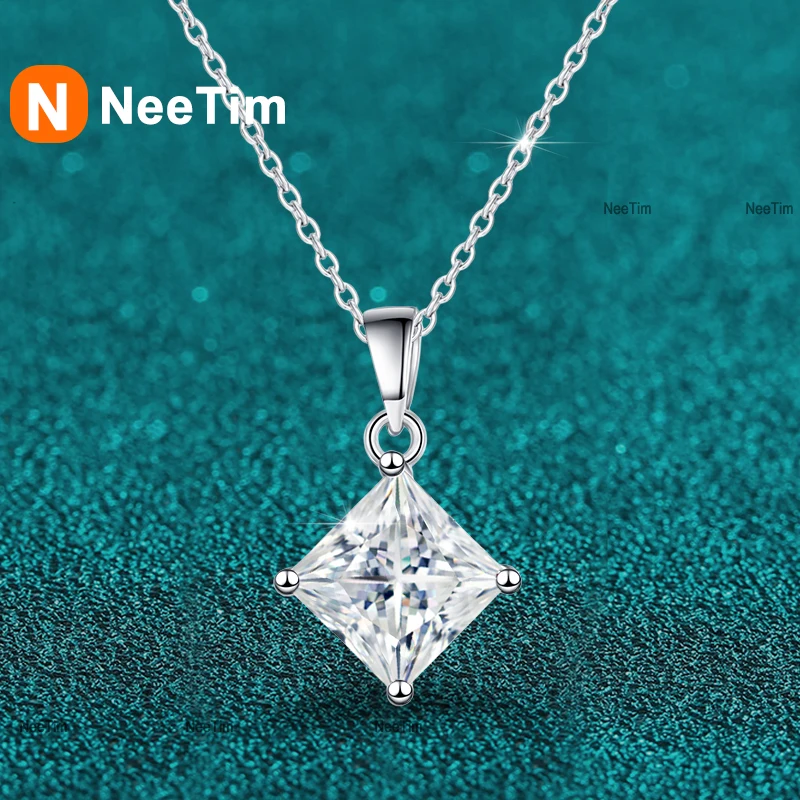 

NeeTim 1CT 2CT Princess Cut D VVS1 Moissanite Necklace for Women Sterling Silver 925 with Gold Plated Jewelry Pendant Certified