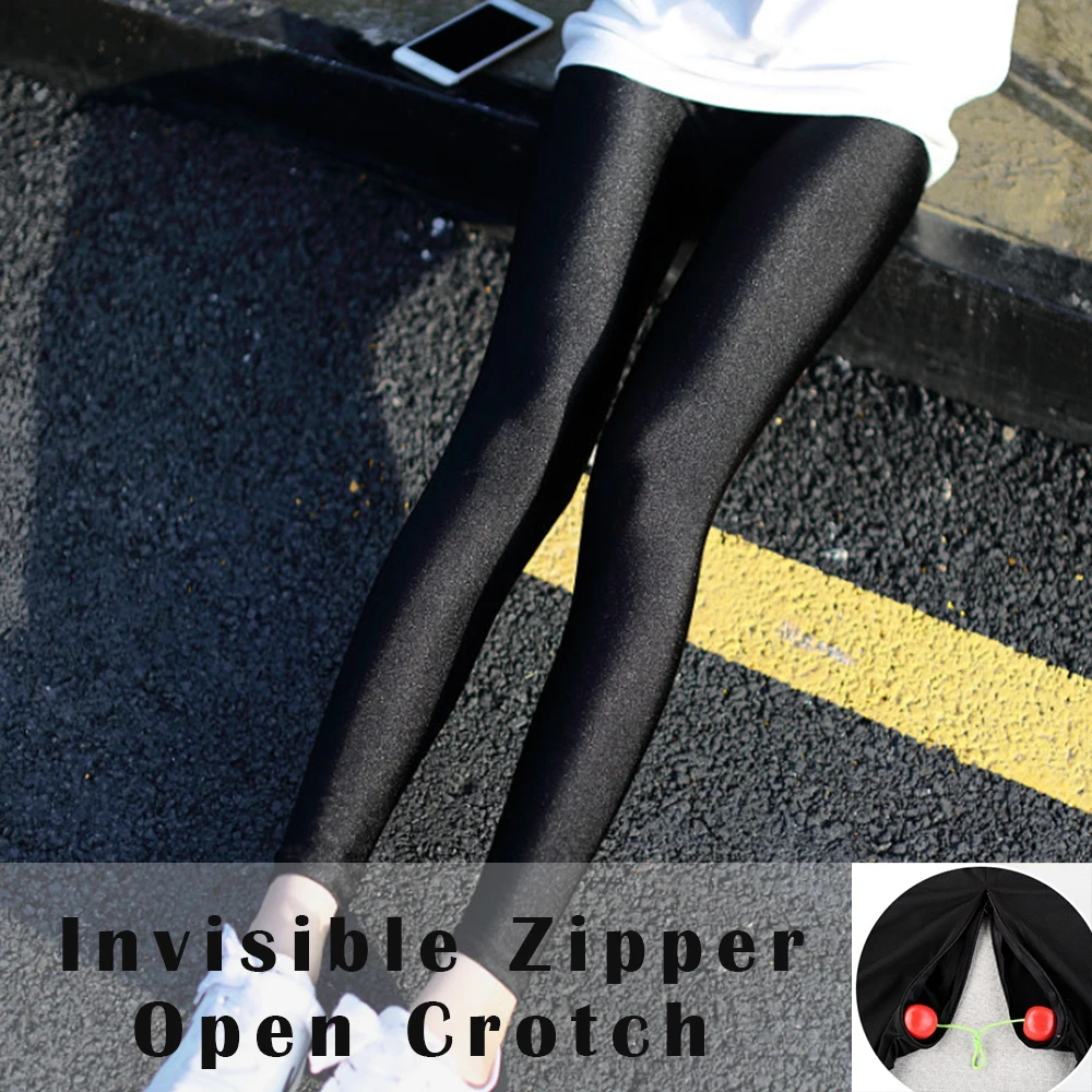 

Invisible Zipper Open Crotch Summer Glossy High Elastic Shiny Sexy Leggings Women's Pants Tight Trousers Bottoms