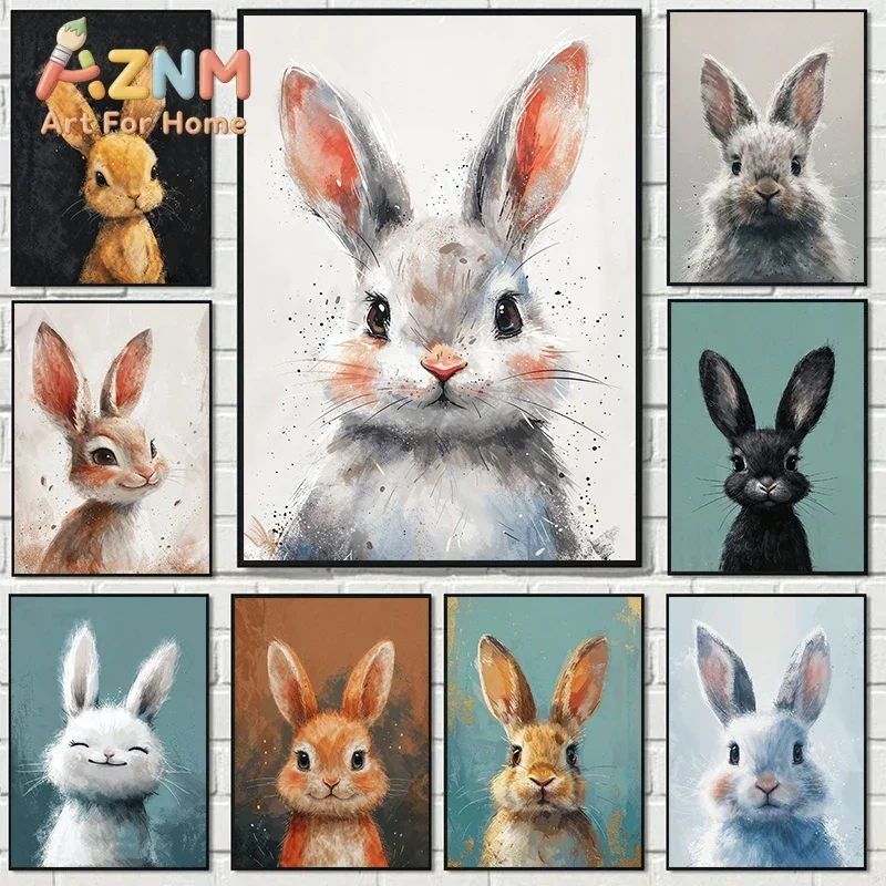 Modern Cute Cartoon Stuffed Rabbit Portrait Animal Posters Prints Canvas Painting Wall Art Picture Living Room Home Decor