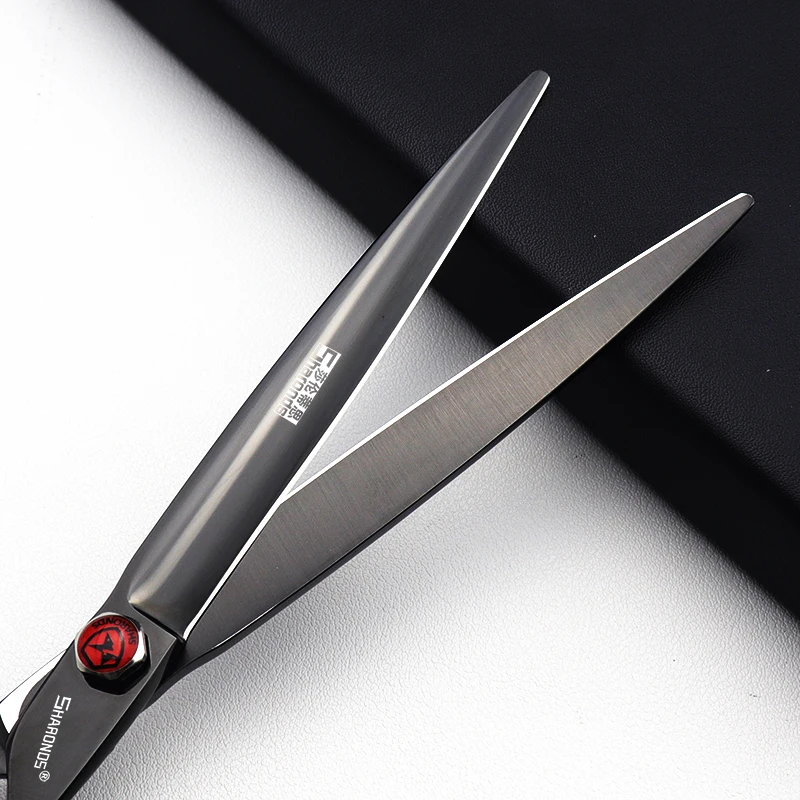 8 Inch Professional CNC Flat Cut Barber Scissors, Black Electroplated Straight Hair Shears with Textured Ergonomic Handle