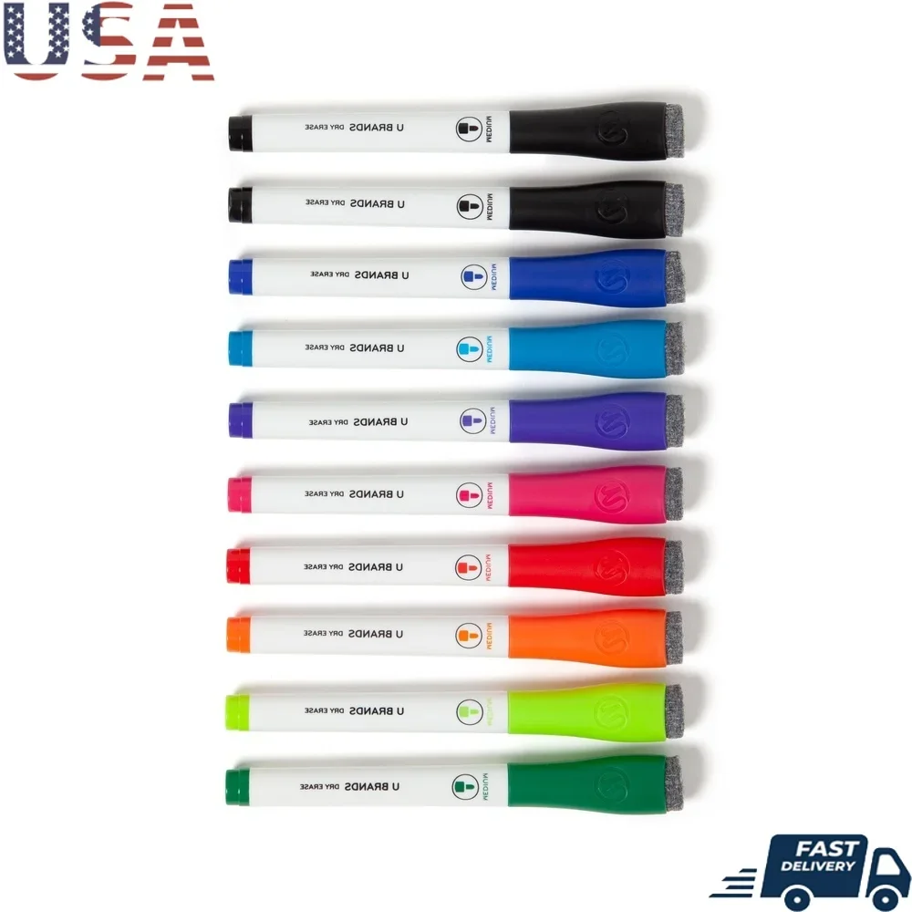 

Dry Erase Markers Medium Bullet Tip 10 Count Multi Color Non-Toxic Low Odor Ink Felt Eraser Perfect Home Office Classroom