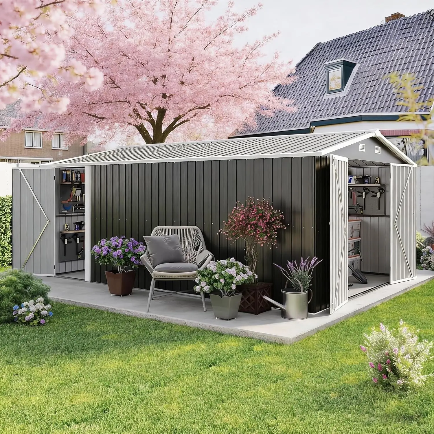 

10x14FT Metal Outdoor Storage Shed Side Door 3 Lock Doors Waterproof 4 Vents Backyard Patio Customized