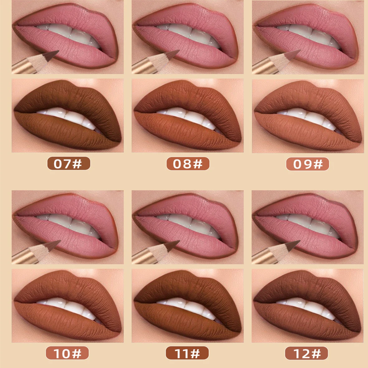 QIBEST 12 szt./Zestaw Matowe Złote Konturówki do Ust Odporna na Rozmazywanie, Długotrwała, Trwała w Kolorze i Nieklejąca się.