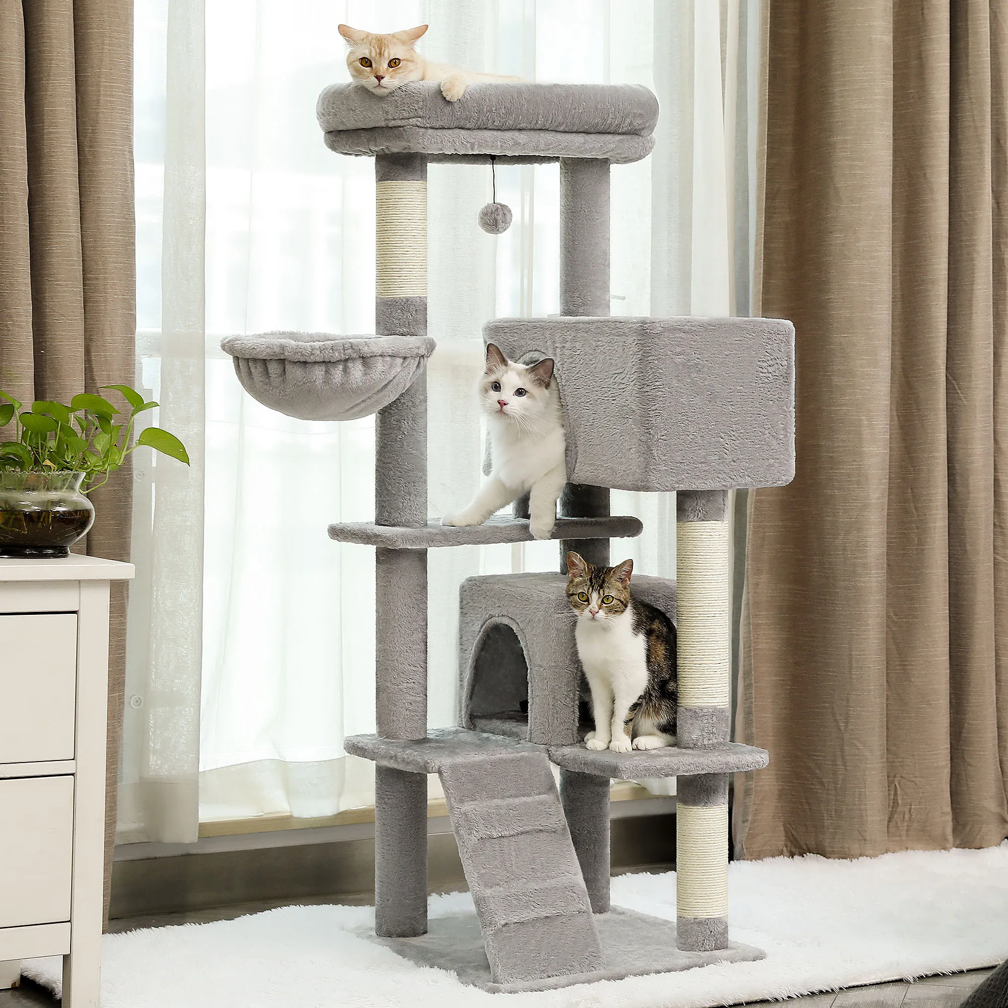 

56.3" Cat Tree for Large Cats Adult with Super Large Top Perch Cat Tower with Plush Hammock Dangling Pompom Cat Scratching Post