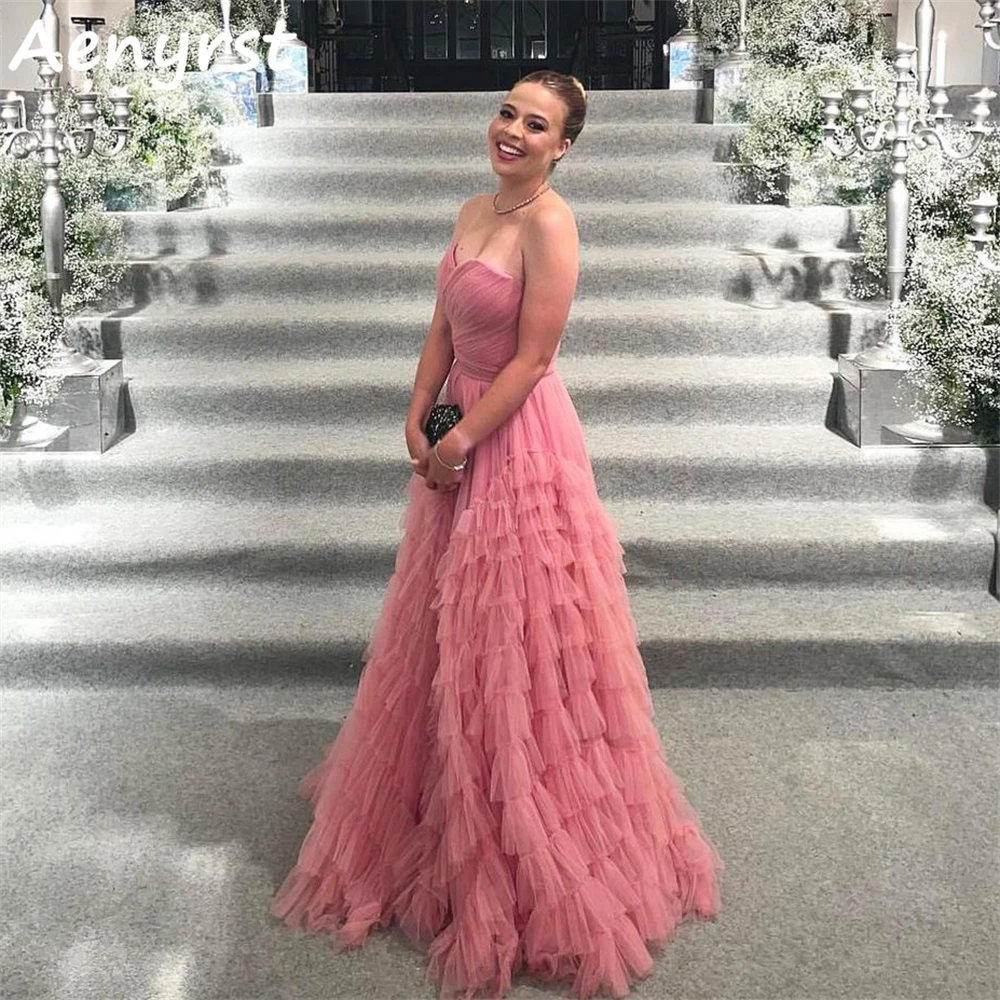 

Aenyrst Saudi Arabia Sweetheart A Line Tulle Evening Dresses Tiered Backless Prom Ball Gowns Floor Length Dinner Party Dress