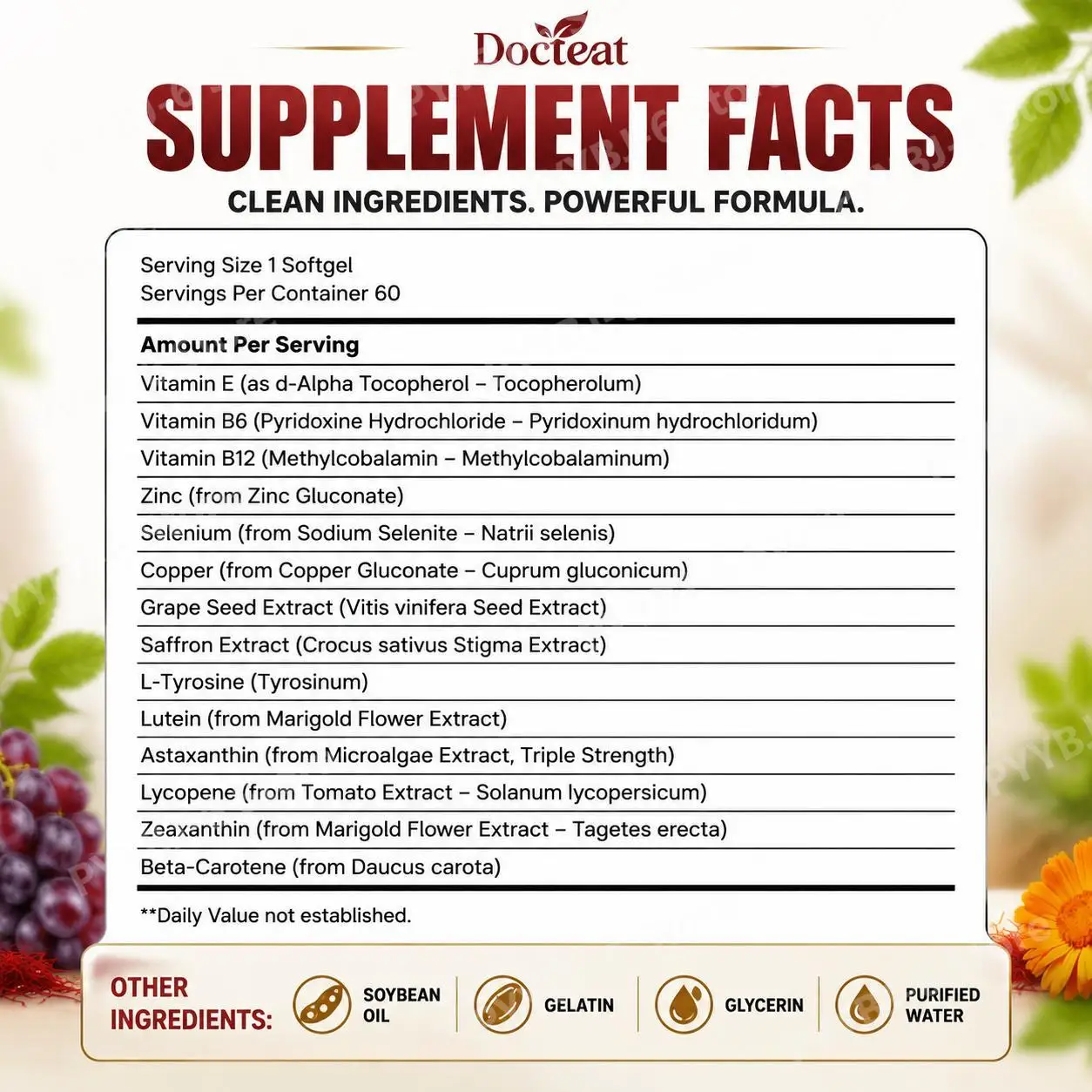 Docteat Astaxanthin Lutein Softgels Supports Visual Wellness Routine and Supports Antioxidant Nutrition Balance, 60 Softgels